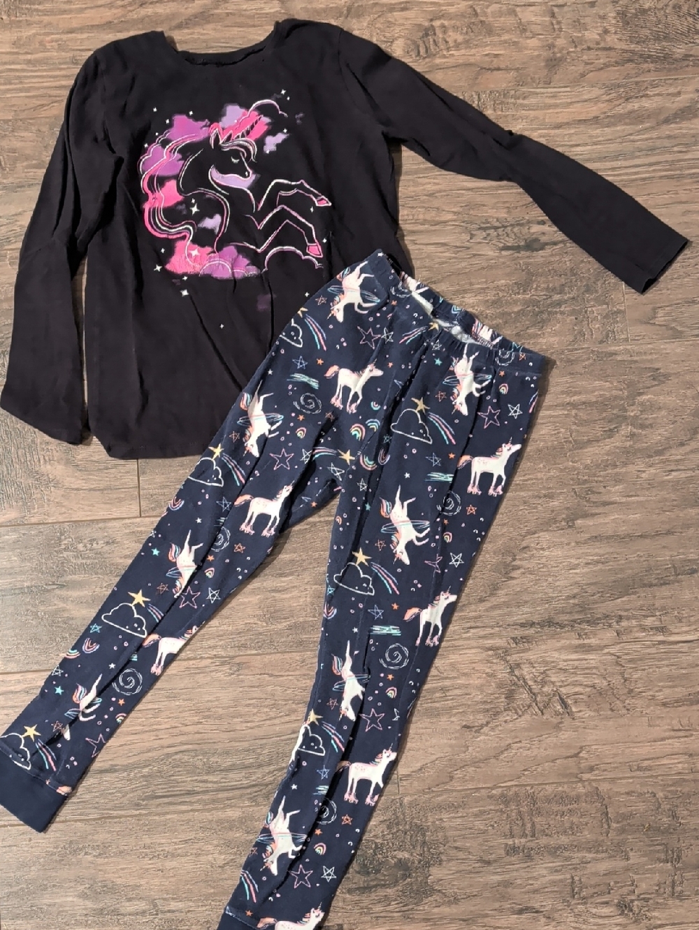 Girls Unicorn Pajama Set - Black Top & Navy Unicorn Pants